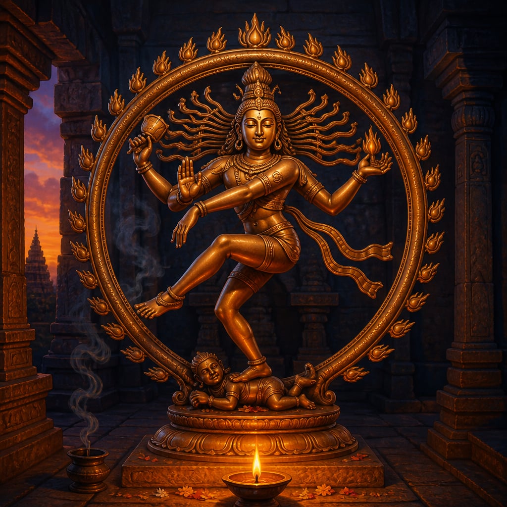 Chola bronze Nataraja Shiva dancing within a ring of flames in a temple sanctum
