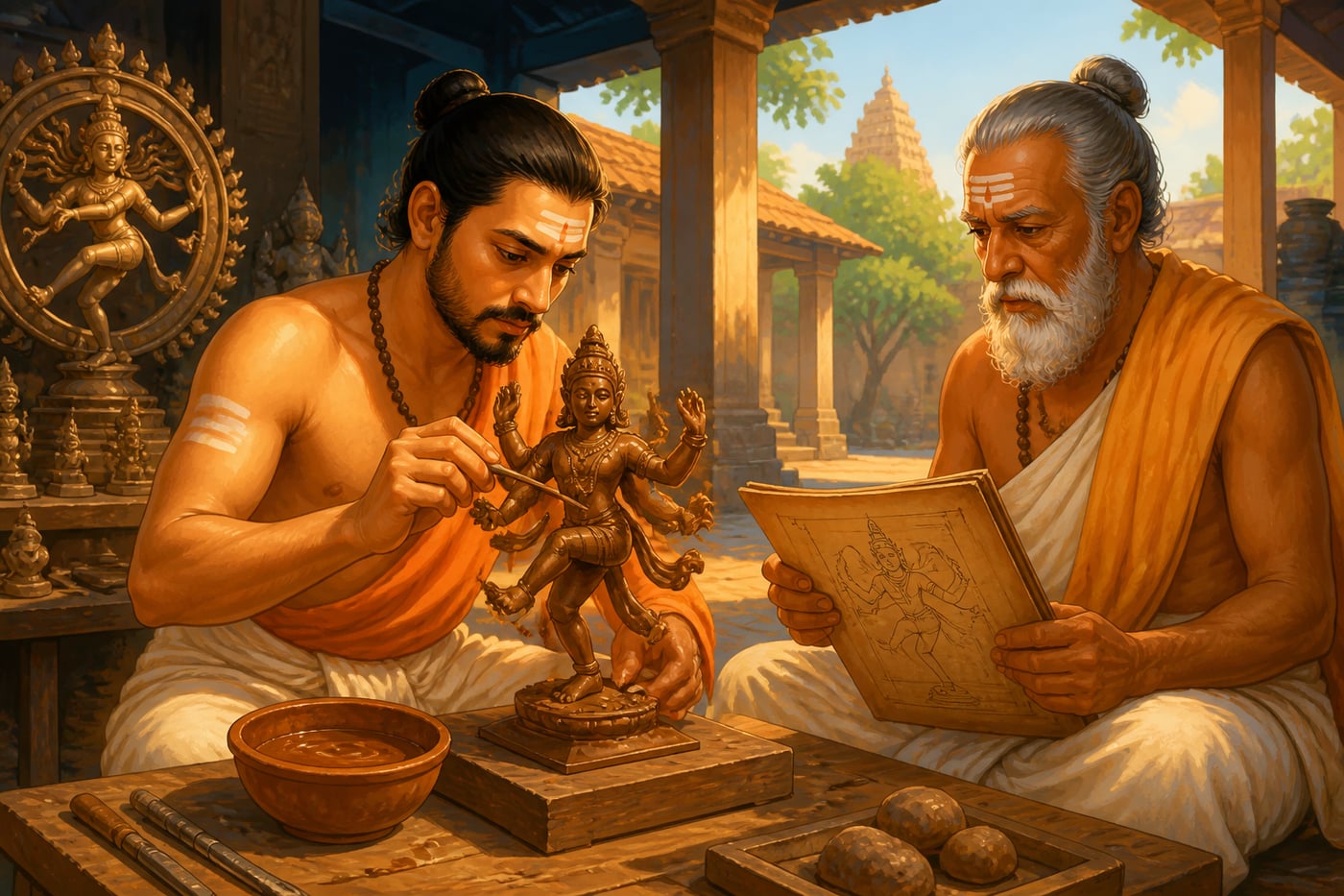 Chola sthapati shaping a beeswax Shiva model