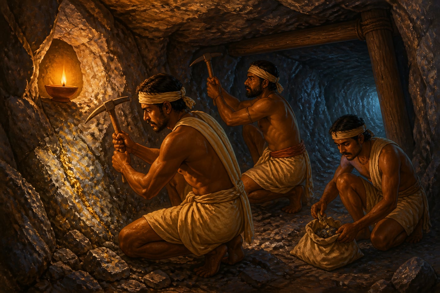 Kolar gold miners working a quartz vein by lamplight