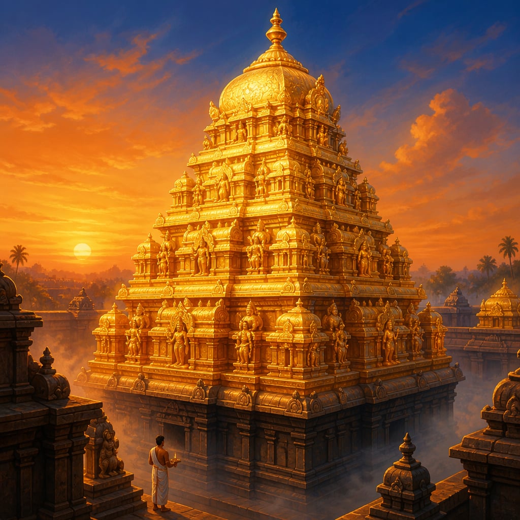 Gilded golden vimana tower of the Srirangam Ranganathaswamy temple at sunrise