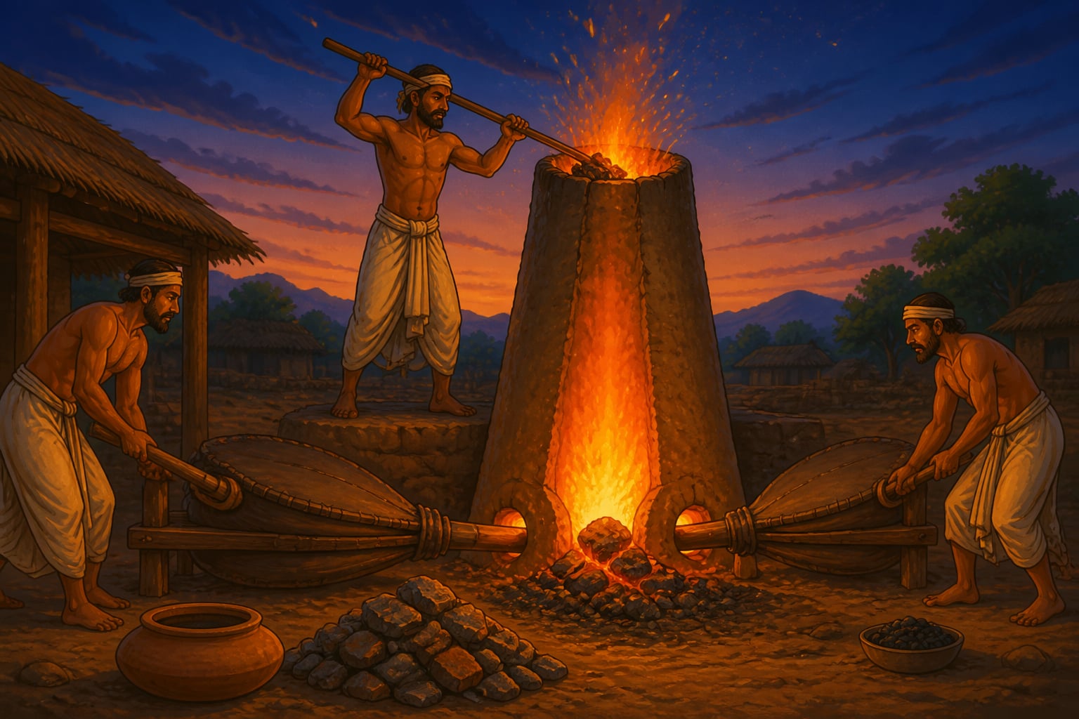 An Indian bloomery furnace smelting iron ore at twilight