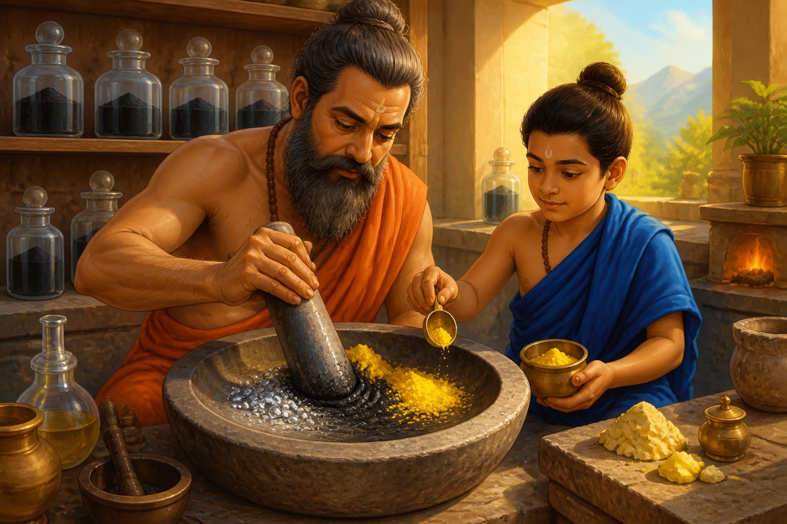 Alchemist preparing kajjali by grinding mercury with sulfur