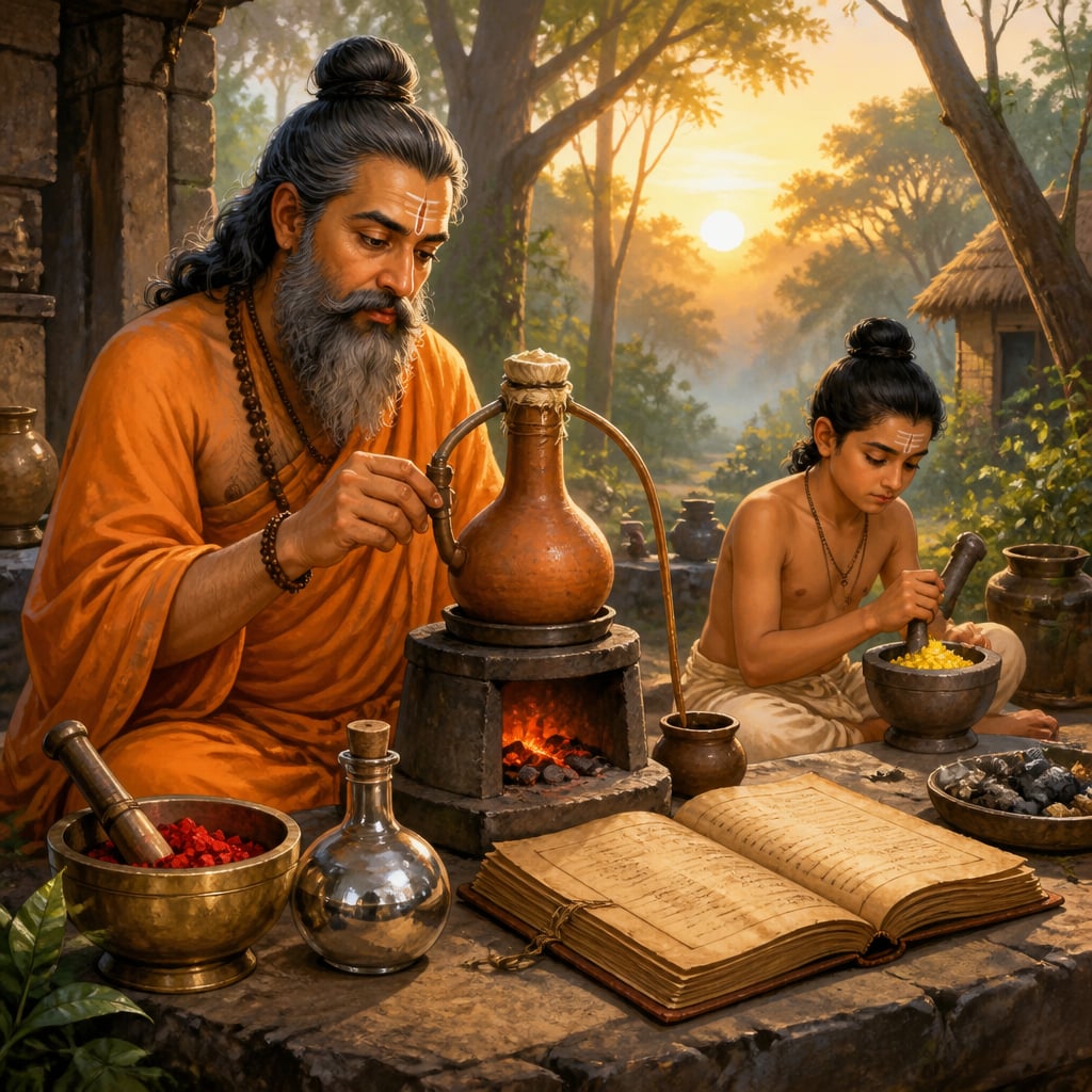 Sage-alchemist Nagarjuna at his stone laboratory bench with a patana distillation yantra at dawn