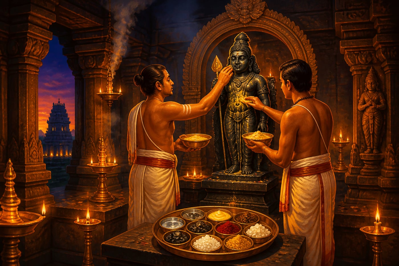 Palani Murugan navapashana idol receiving abhishekam