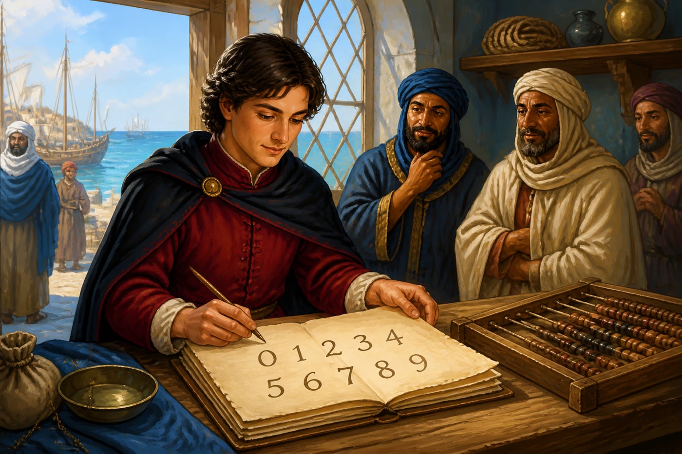 Fibonacci with Indian numerals at a Mediterranean port