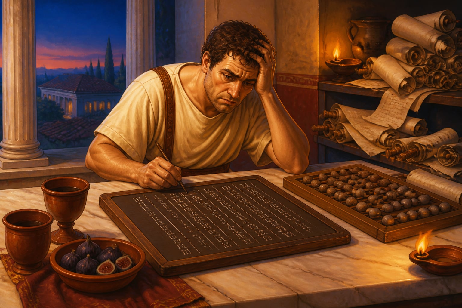 Roman accountant with unwieldy numerals on a wax tablet