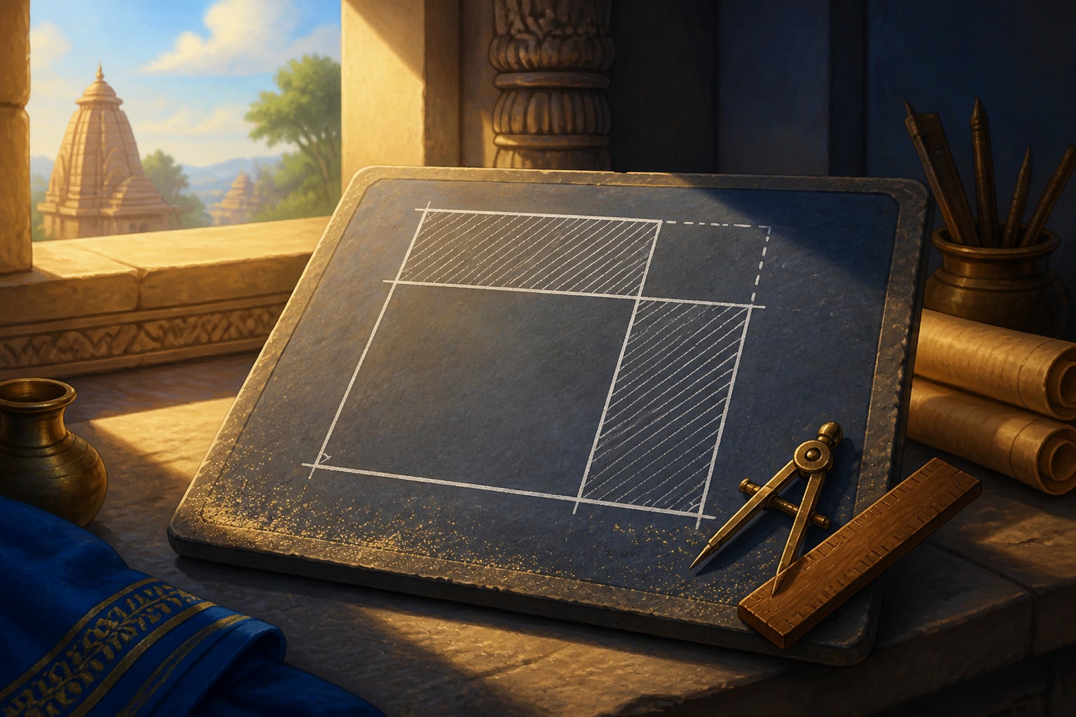 Geometric completing-the-square proof on a sand-dusted slate
