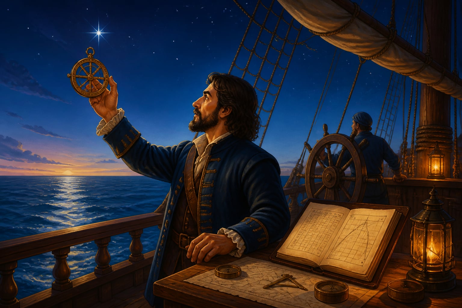 European navigator at sea applying sine tables