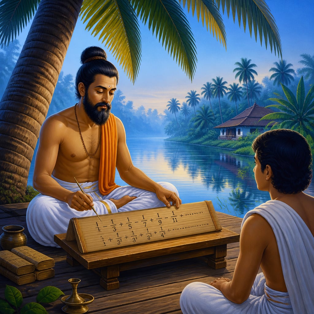 Madhava of Sangamagrama deriving infinite series in a Kerala grove