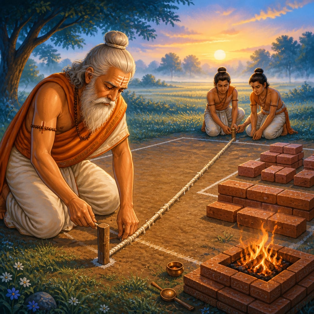Baudhayana laying out a Vedic fire altar with rope and pegs
