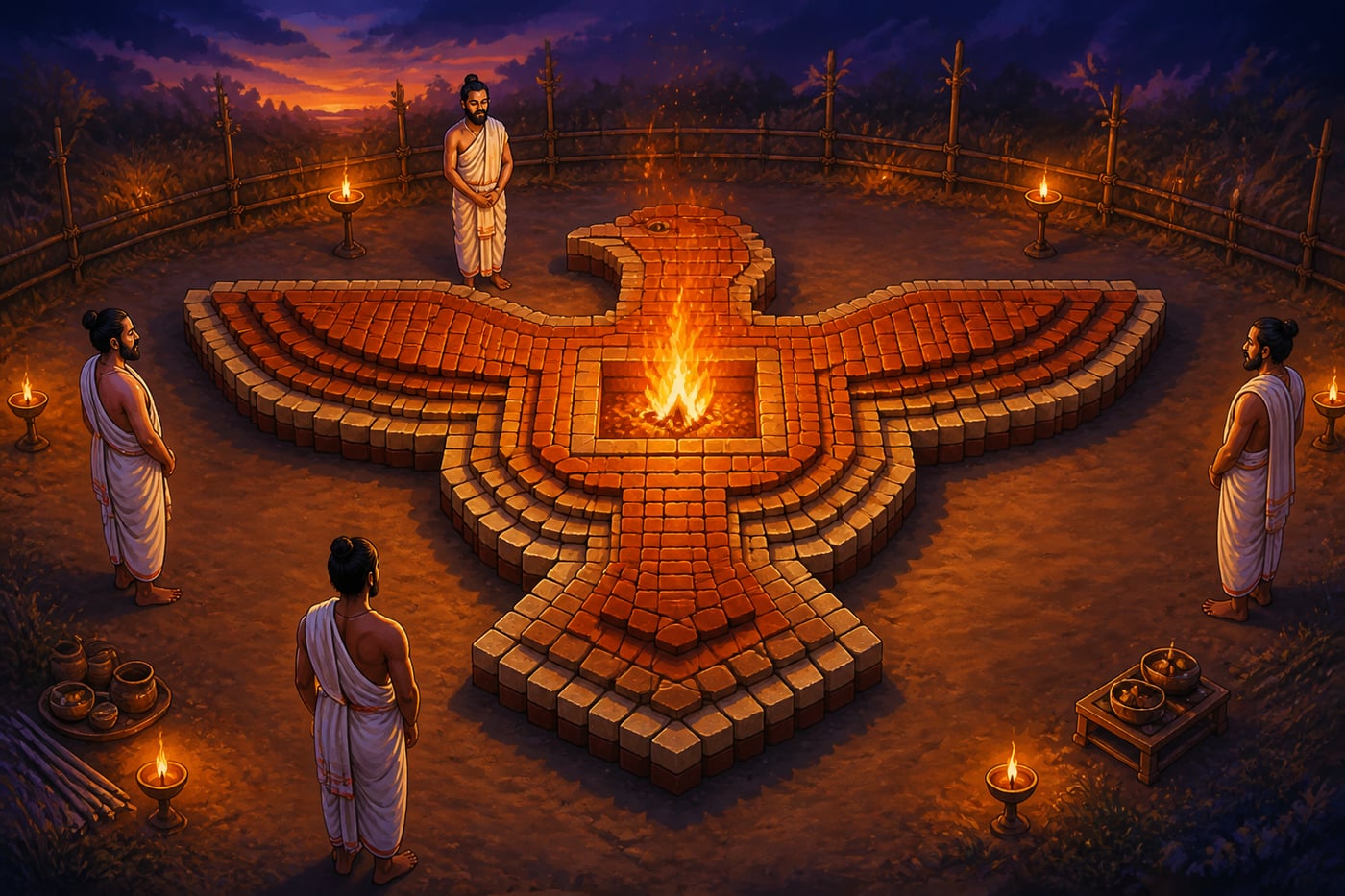 Completed Vedic falcon altar at twilight