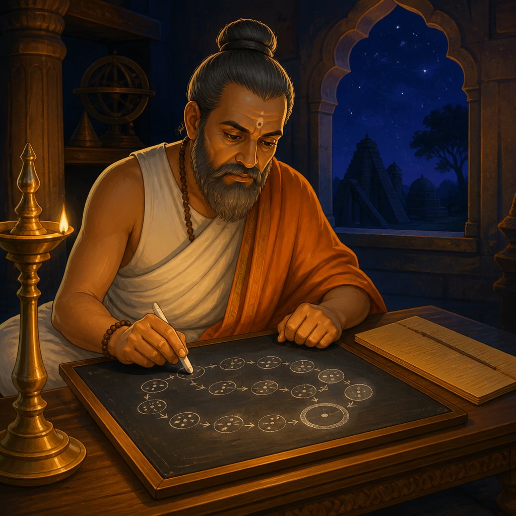 Bhaskara II working the chakravala cyclic method under a night sky