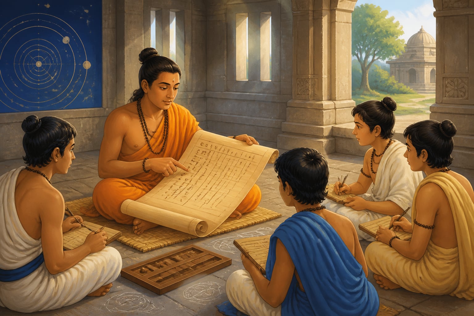 Aryabhata teaching the Kuṭṭaka algorithm to students