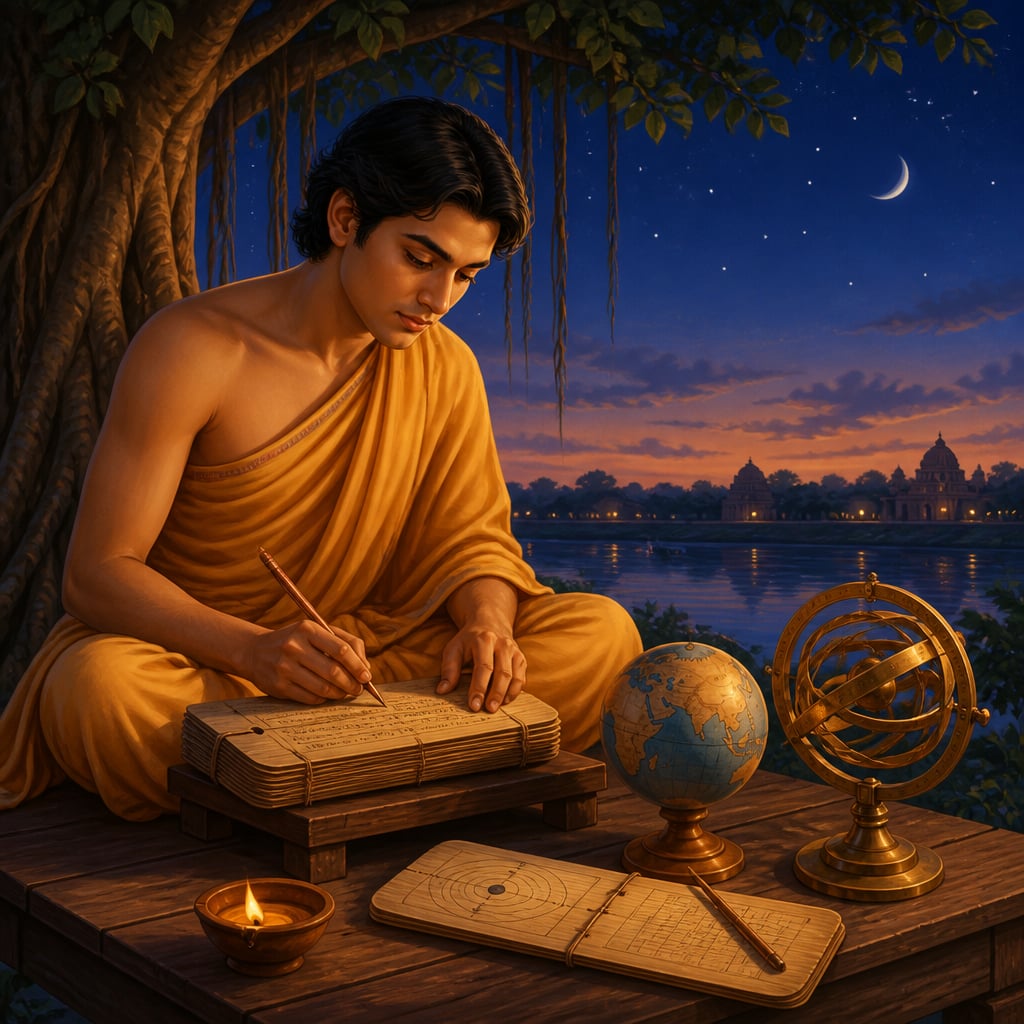 Aryabhata at Kusumapura inscribing rotation calculations on palm-leaf at twilight