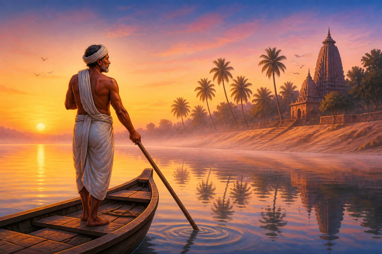 A boatman poling a skiff on the Ganga at dawn