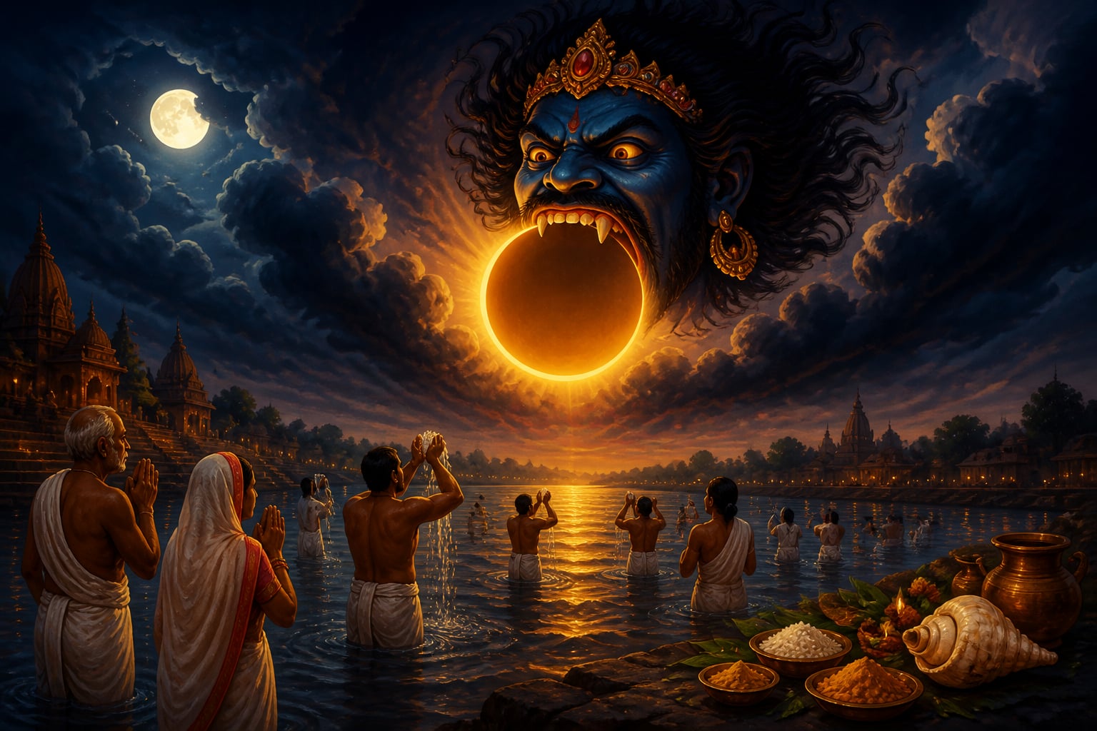 Rahu lunging to swallow the Sun above devotees