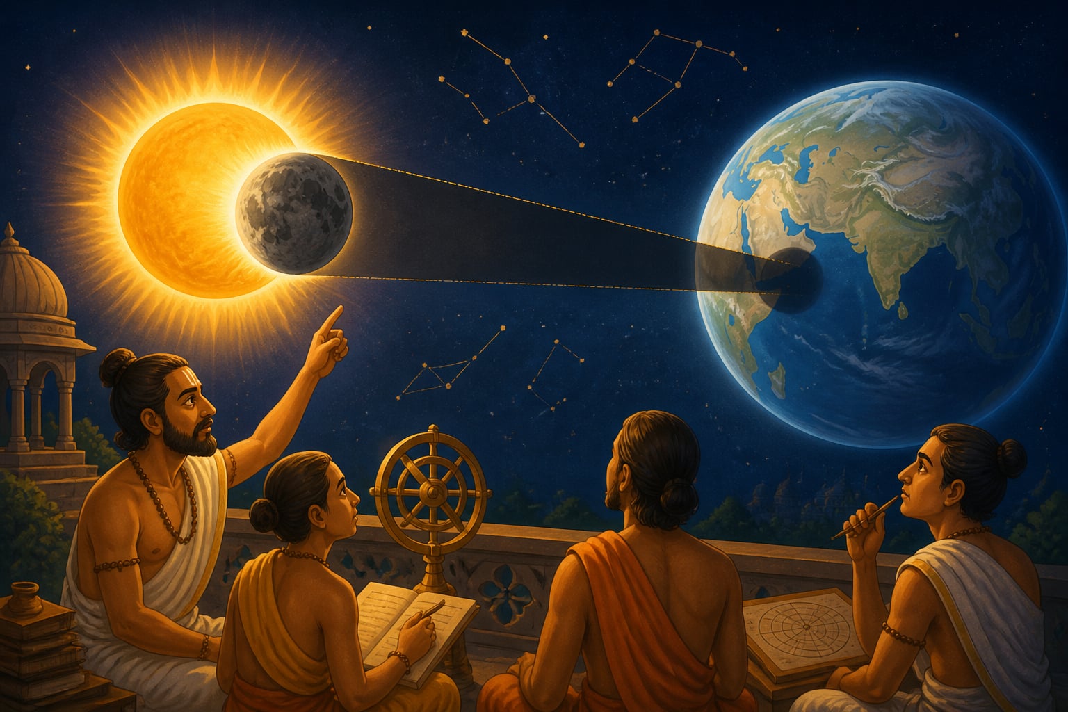 A solar eclipse with the Moon's shadow on Earth