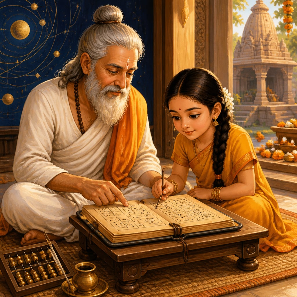 Bhaskara II teaching his daughter Lilavati at Ujjain over a palm-leaf manuscript