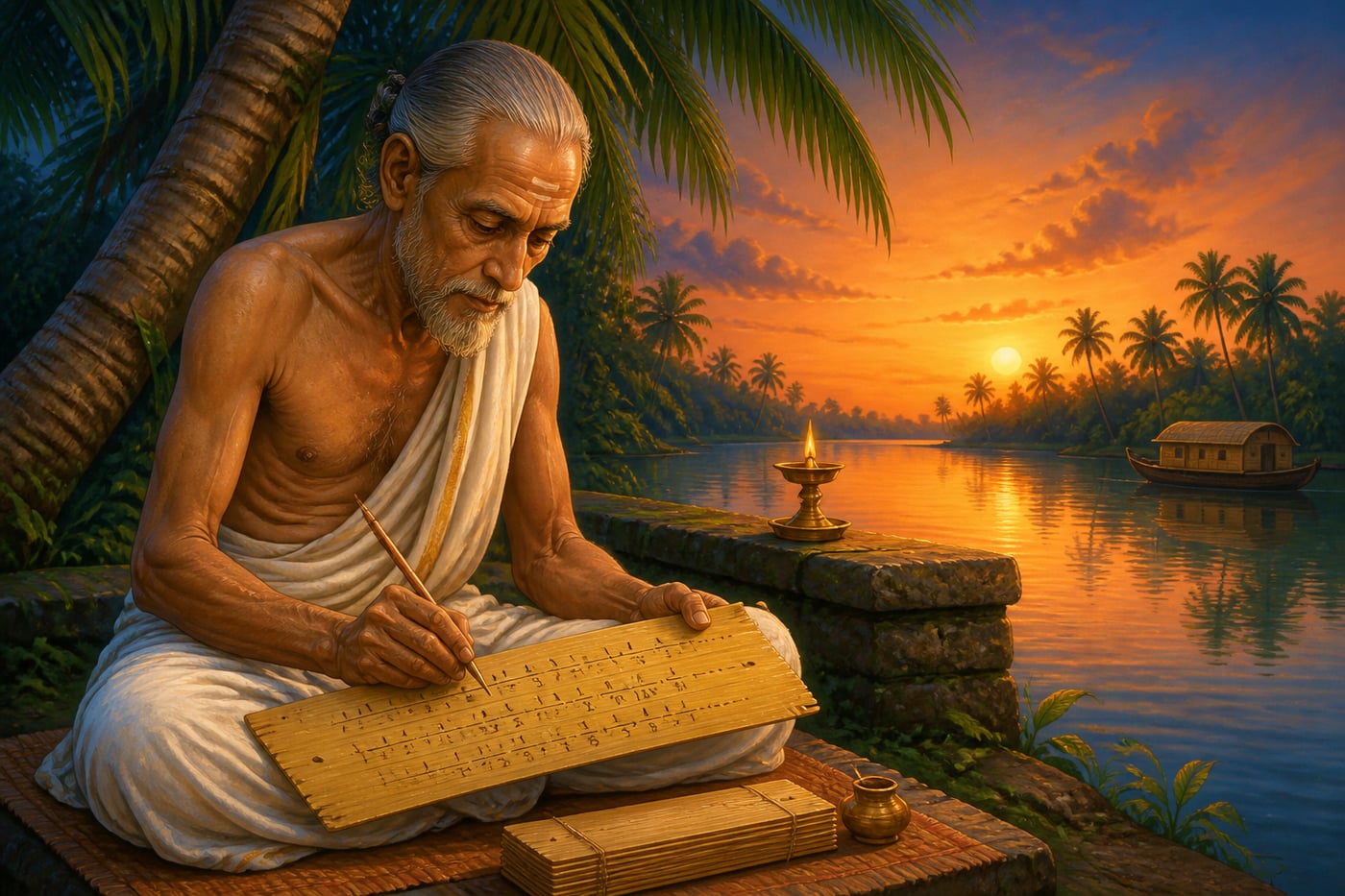 Madhava writing infinite series beside a Kerala backwater