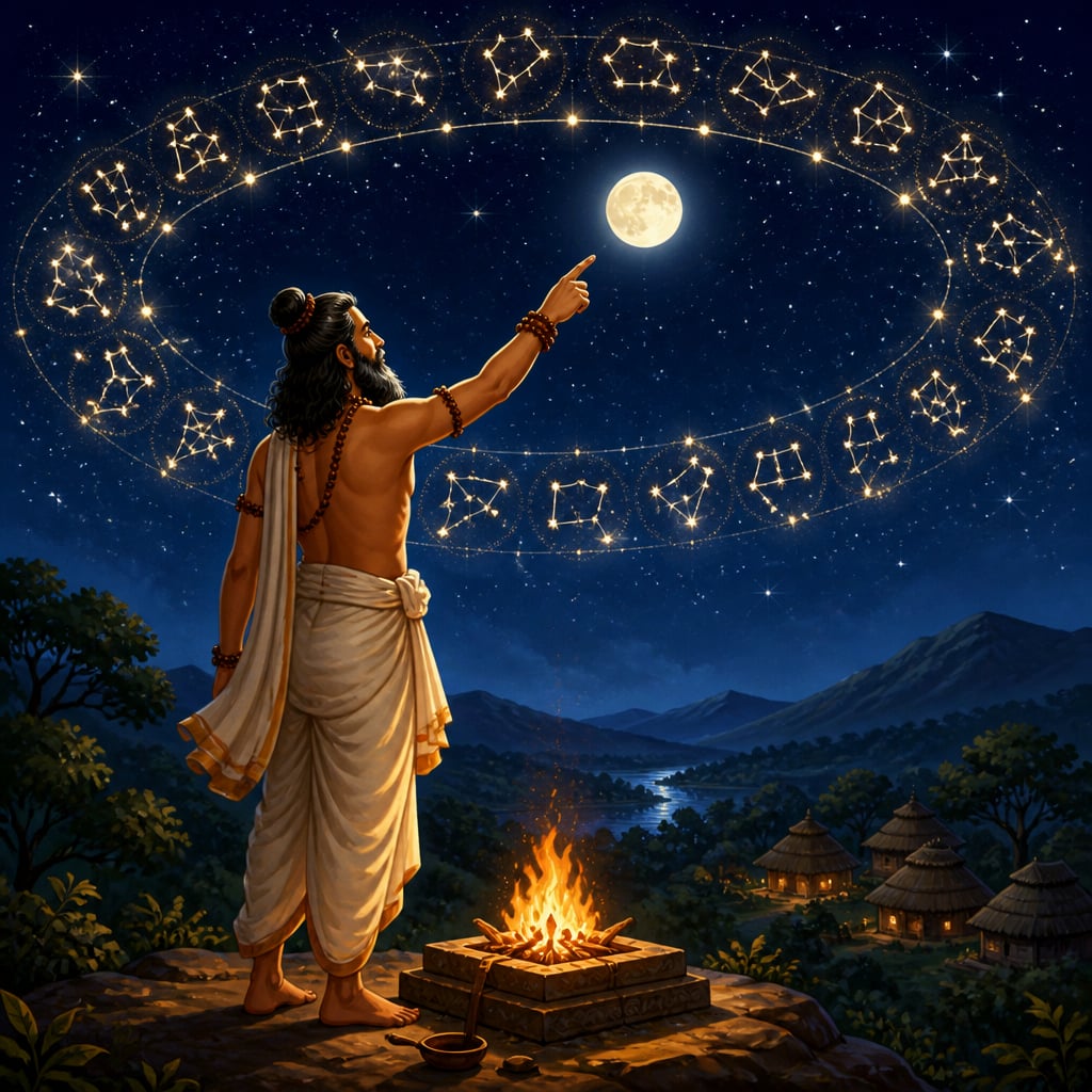 Vedic rishi tracing the Moon through twenty-seven nakshatra clusters at night