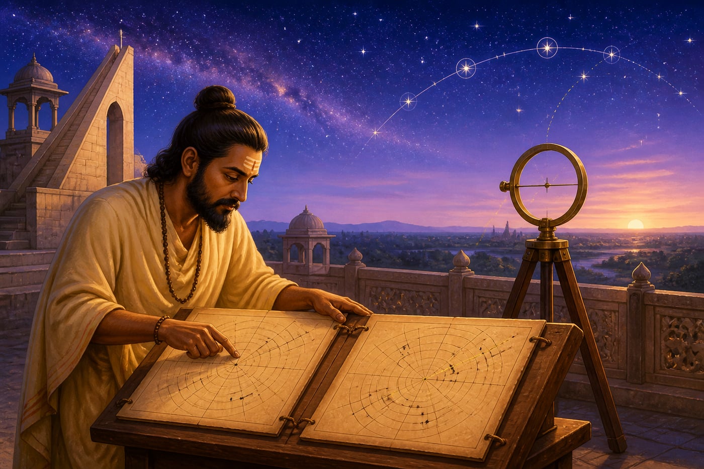An astronomer detecting precession at Ujjain at dawn