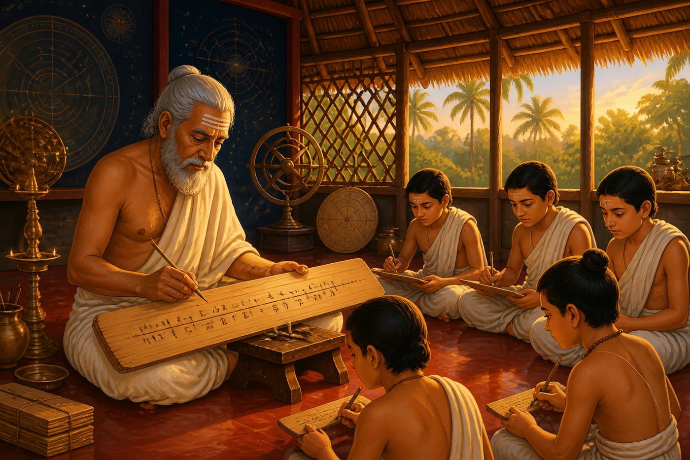 Jyeshthadeva writing mathematical proofs in a Kerala school