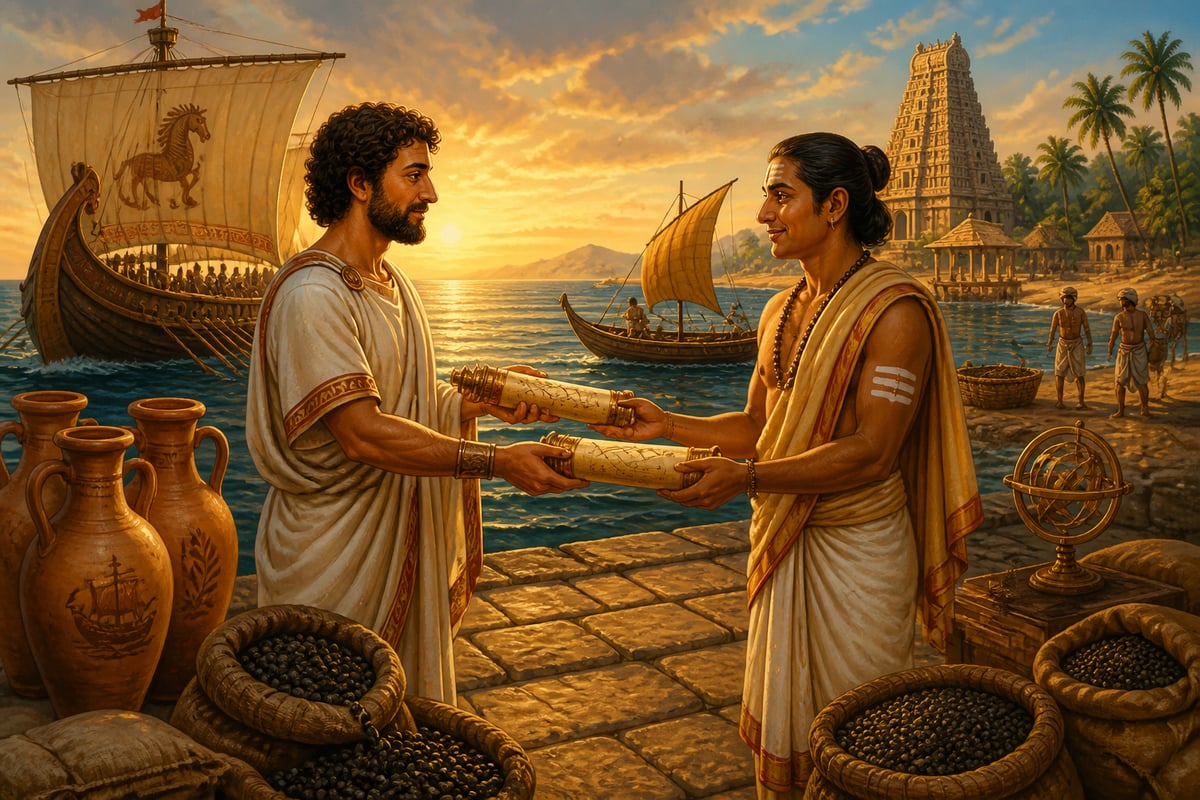 Greek and Tamil scholars exchanging scrolls at Muziris port