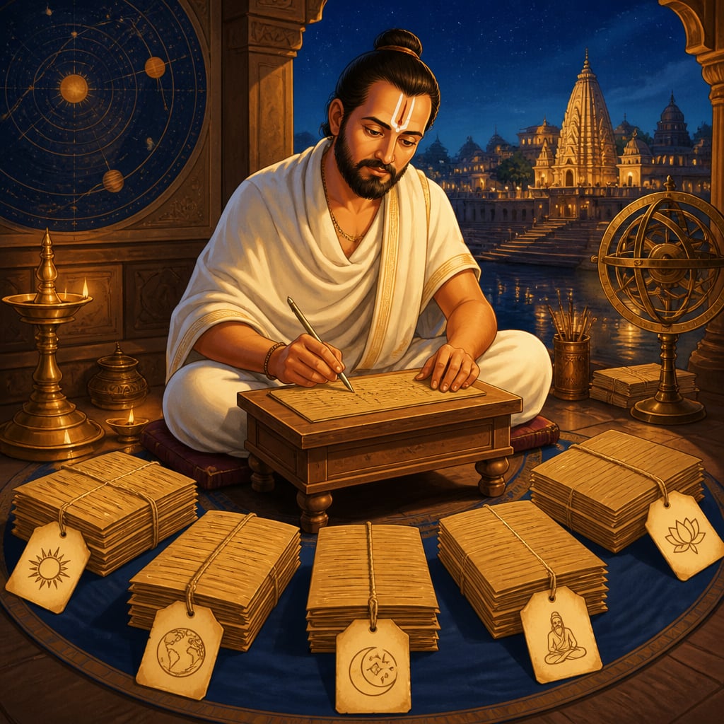 Varahamihira at Ujjain comparing five siddhanta palm-leaf manuscripts by lamplight