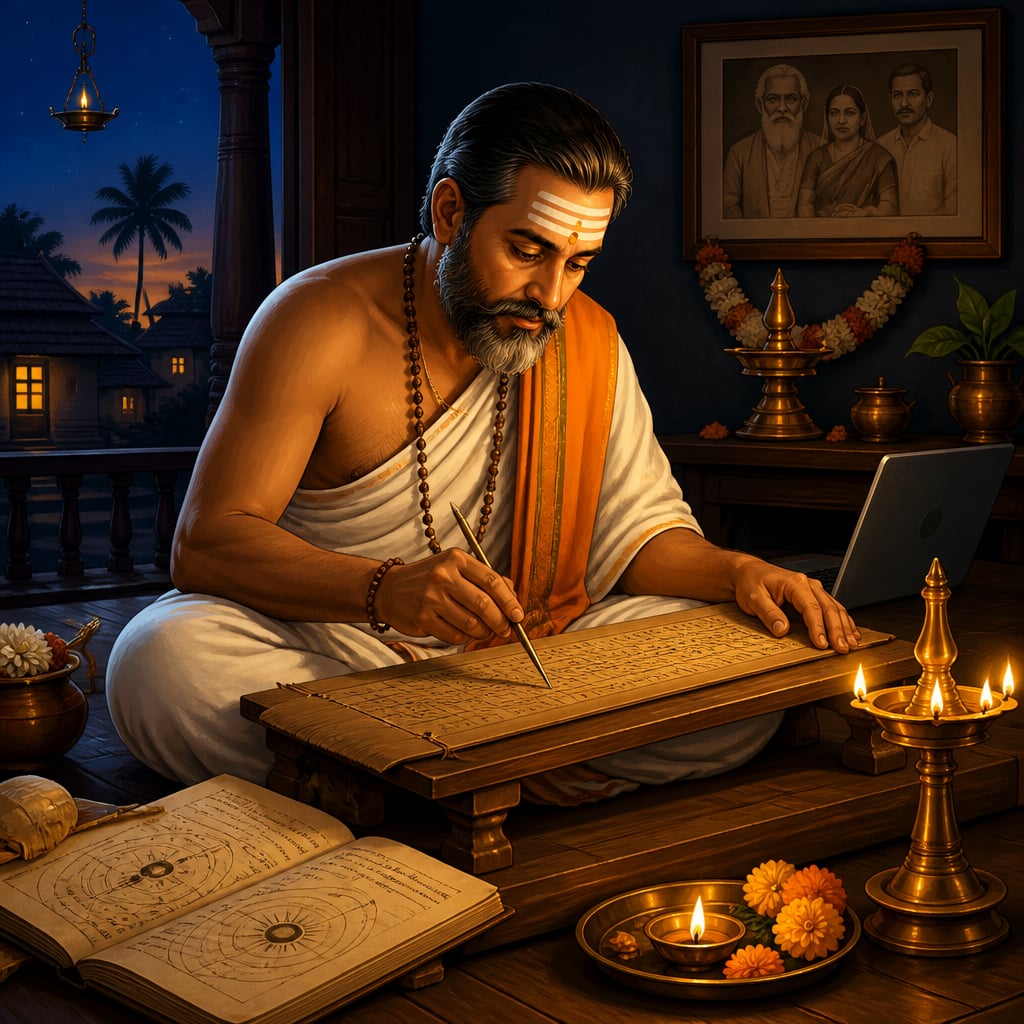 Daivajna calculating Diwali Lakshmi Puja muhurta on a palm-leaf almanac at dusk