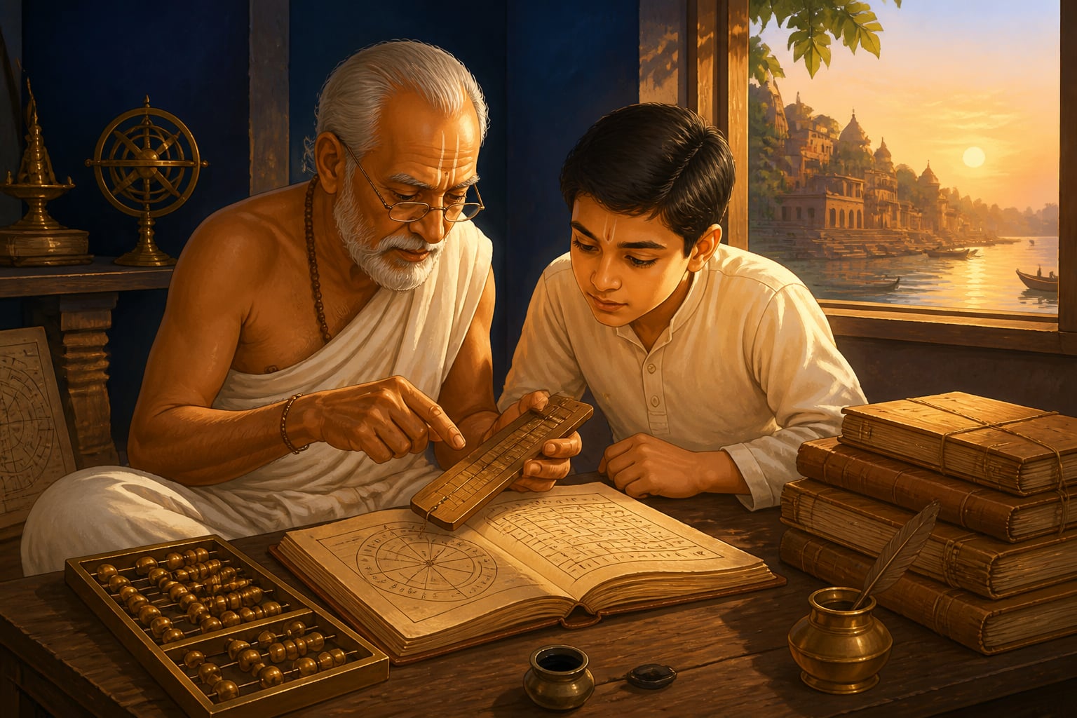 A grandfather teaching pancanga calculation in Varanasi