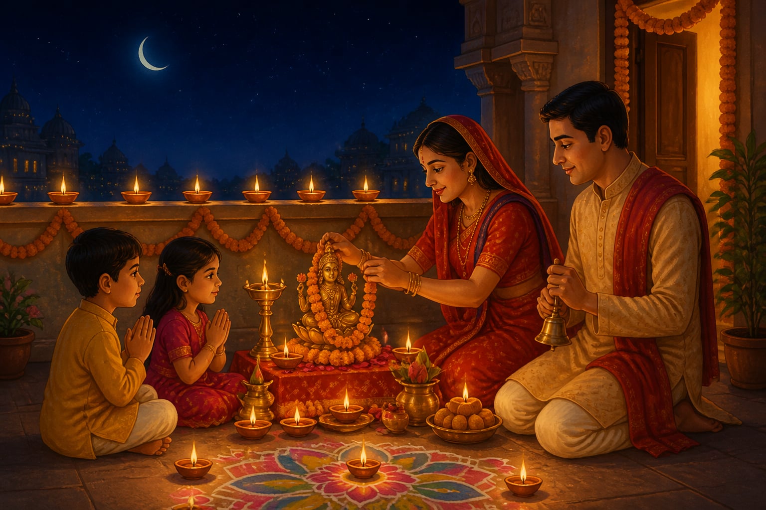 A family at the Diwali Lakshmi Puja muhurta