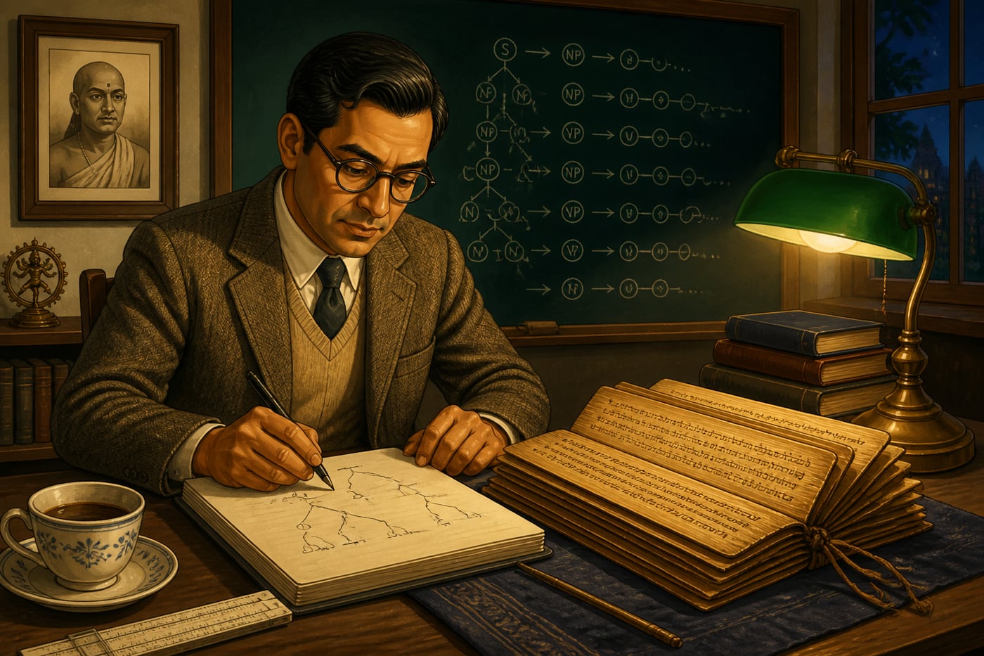 Mid-century computer scientist with Pāṇini sūtras and BNF rules