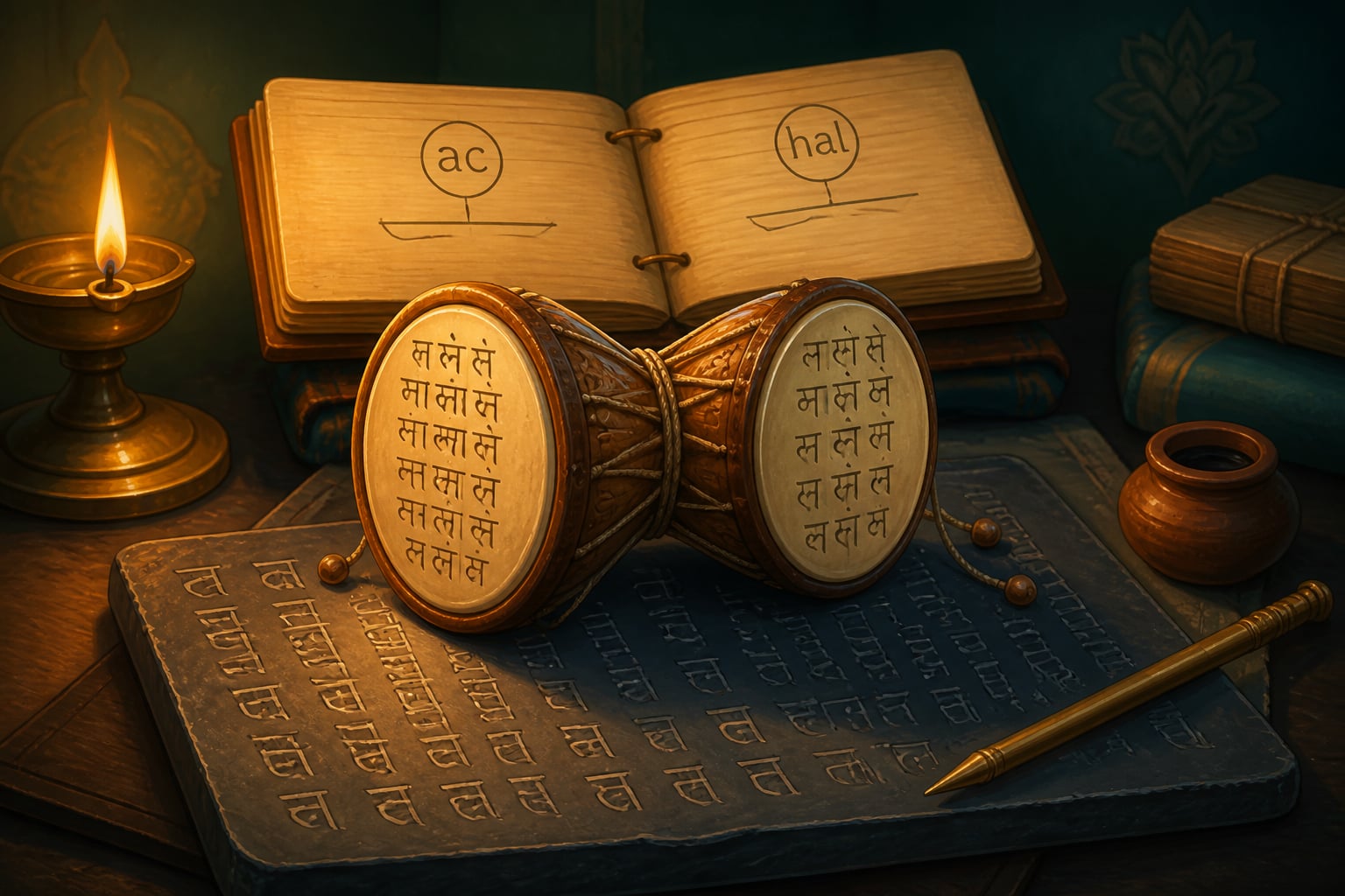 Śivasūtra ḍamaru drum on a slate with Sanskrit sound groups