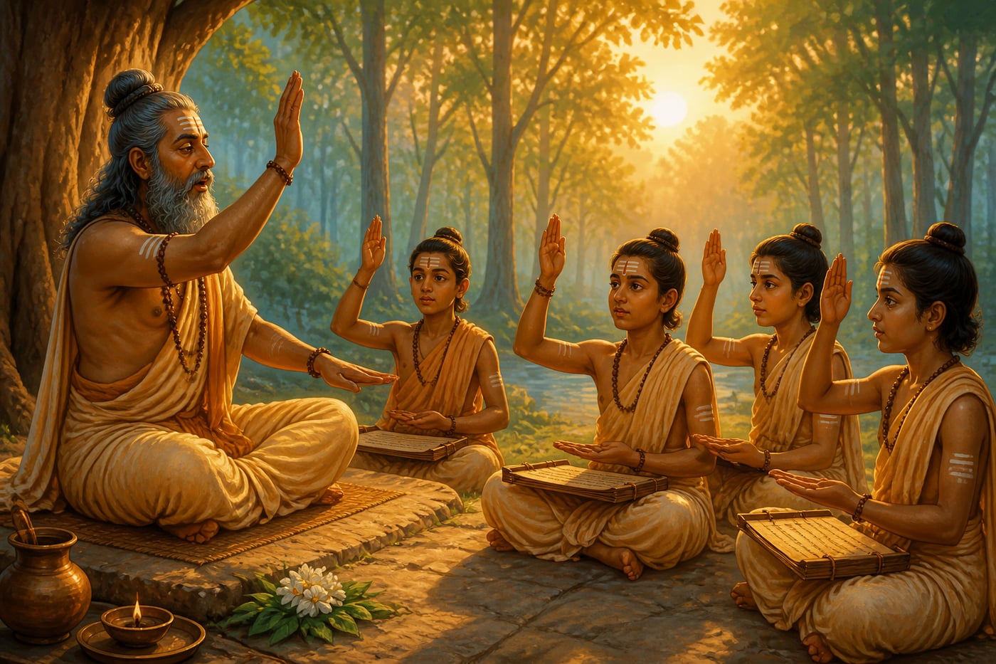 Vedic guru marking udātta and anudātta pitches with hand gestures