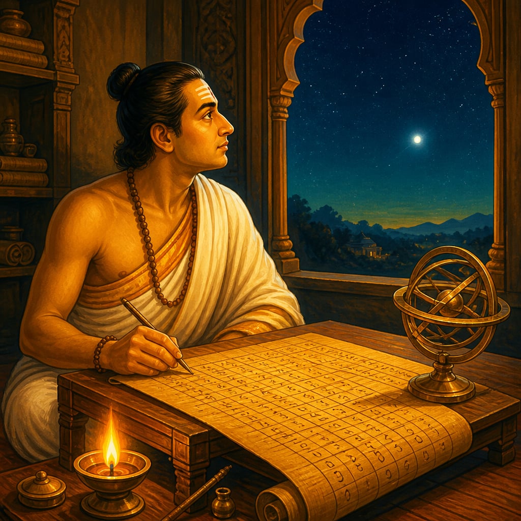 Aryabhata computing jya values at his desk