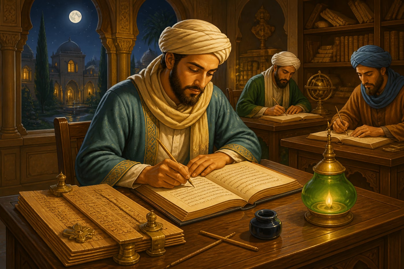 Arab translator at Baghdad's House of Wisdom copying Sanskrit math