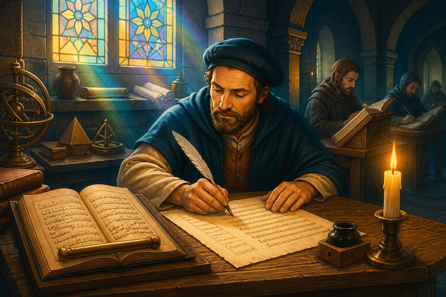 Gerard of Cremona translating Arabic to Latin in Toledo