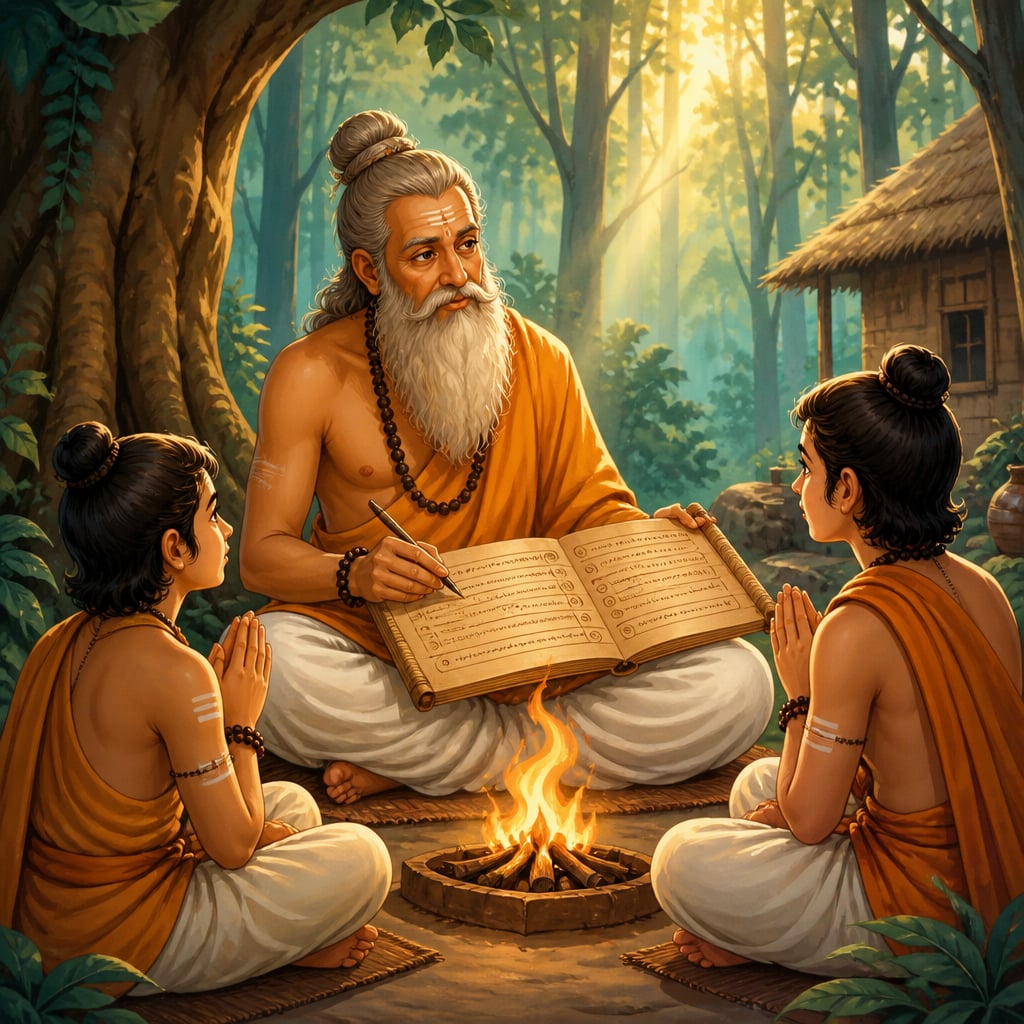 Gotama composing the Nyaya Sutras with disciples