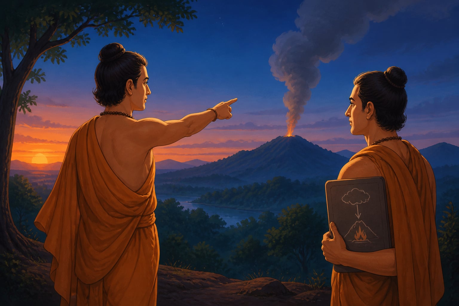Two scholars inferring fire from distant smoke on a hilltop