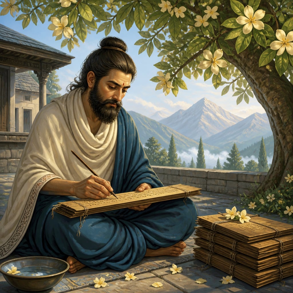 Bhartrhari composing the Vakyapadiya in a Kashmiri courtyard