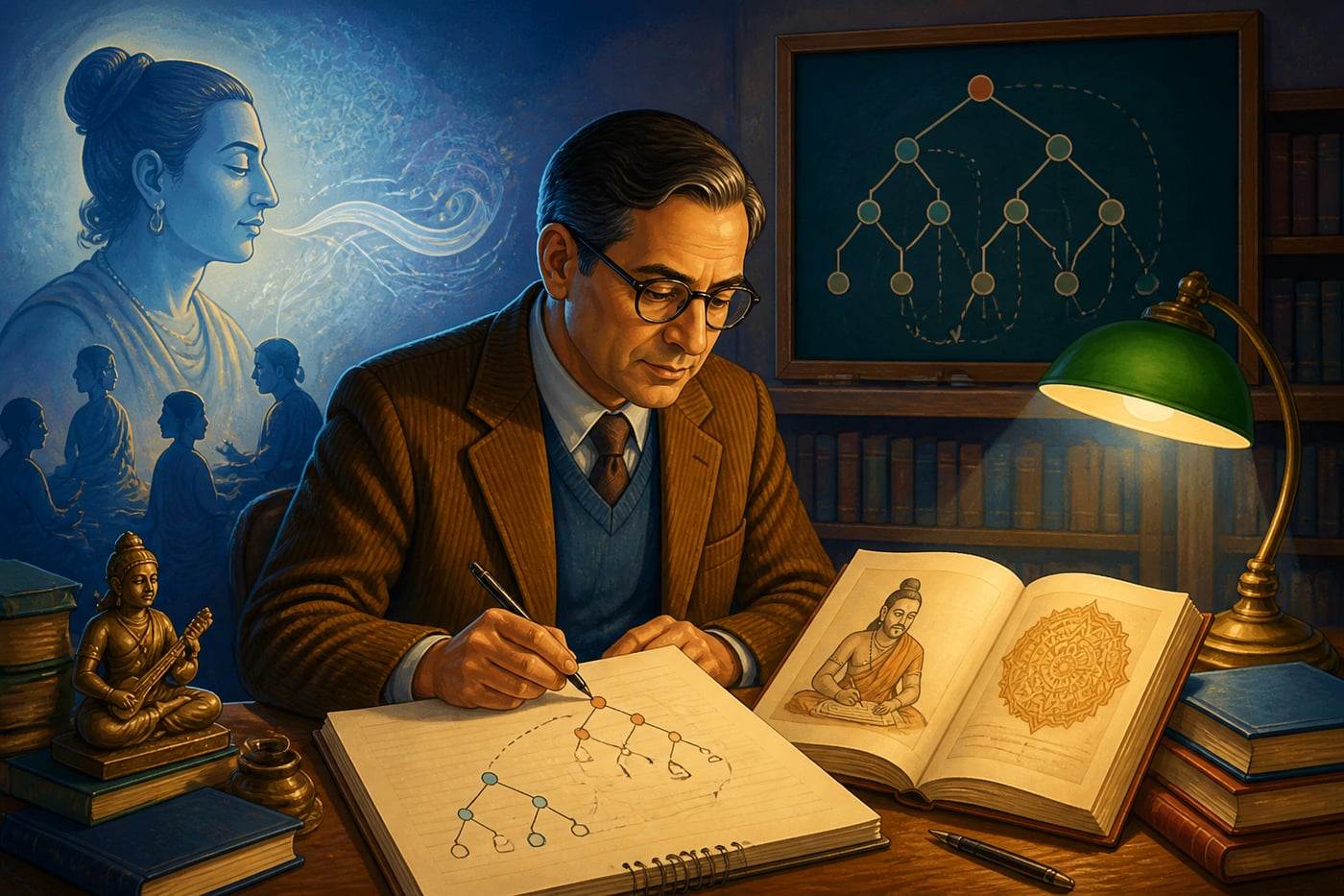 Modern linguist comparing Bhartṛhari with Chomsky's tree diagrams
