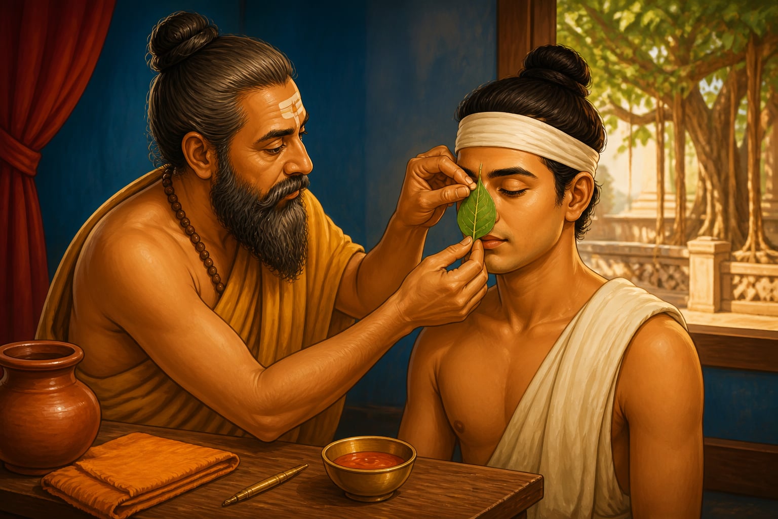 Sushruta measuring the nose with a banyan leaf