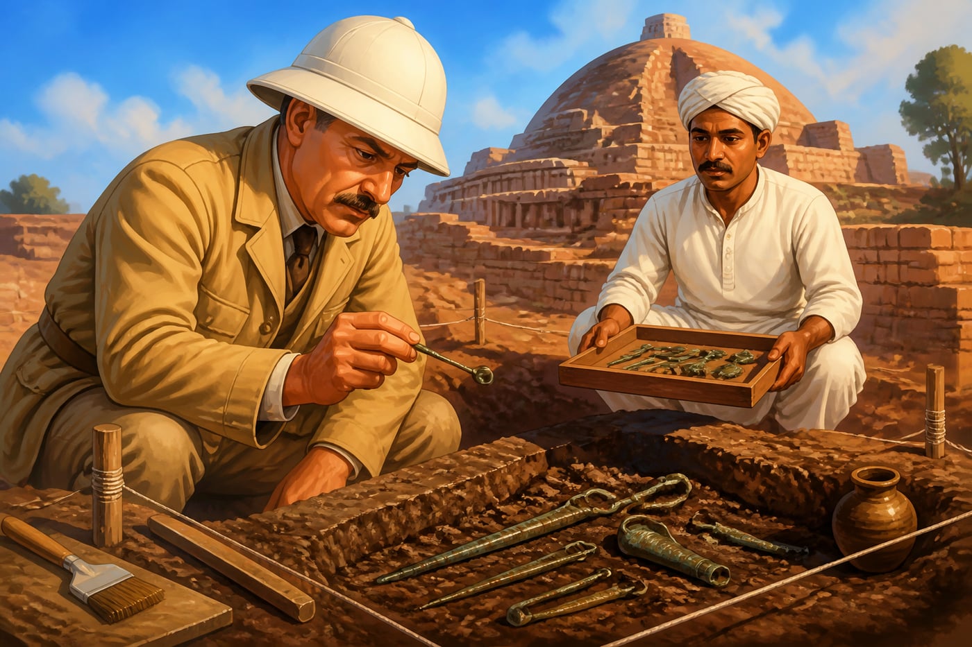 John Marshall lifting a bronze probe at Taxila