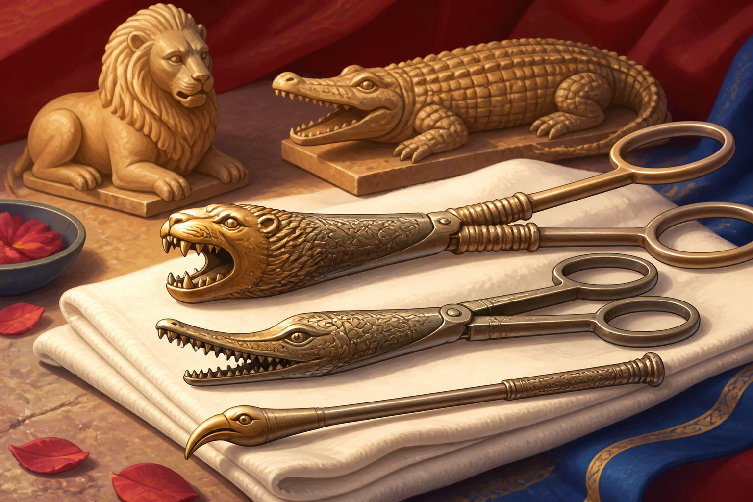 Zoomorphic forceps named for lion, crocodile, and crow