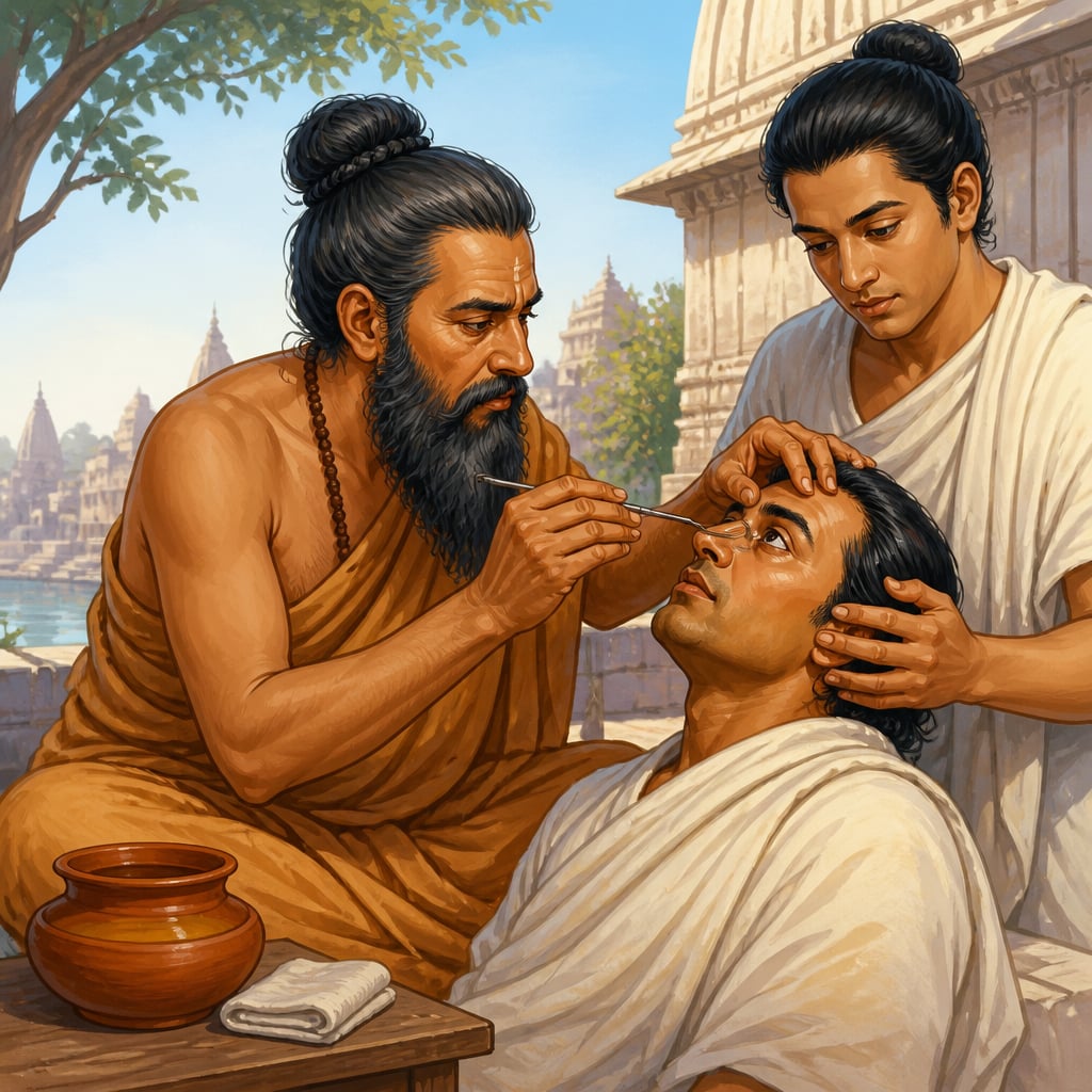 Sushruta performing cataract couching with jabamukhi needle