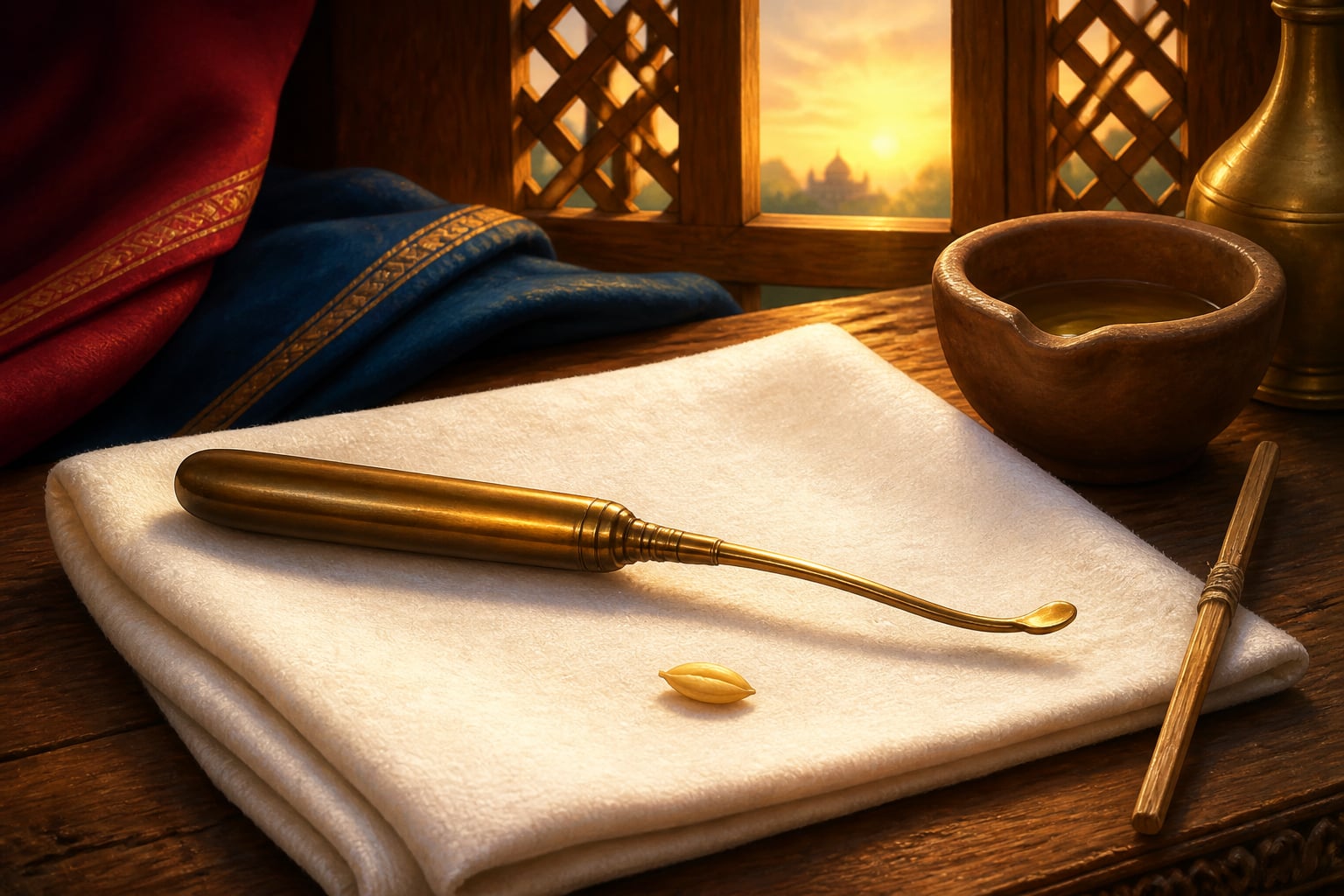 The barley-grain jabamukhi cataract needle on a surgeon's cloth