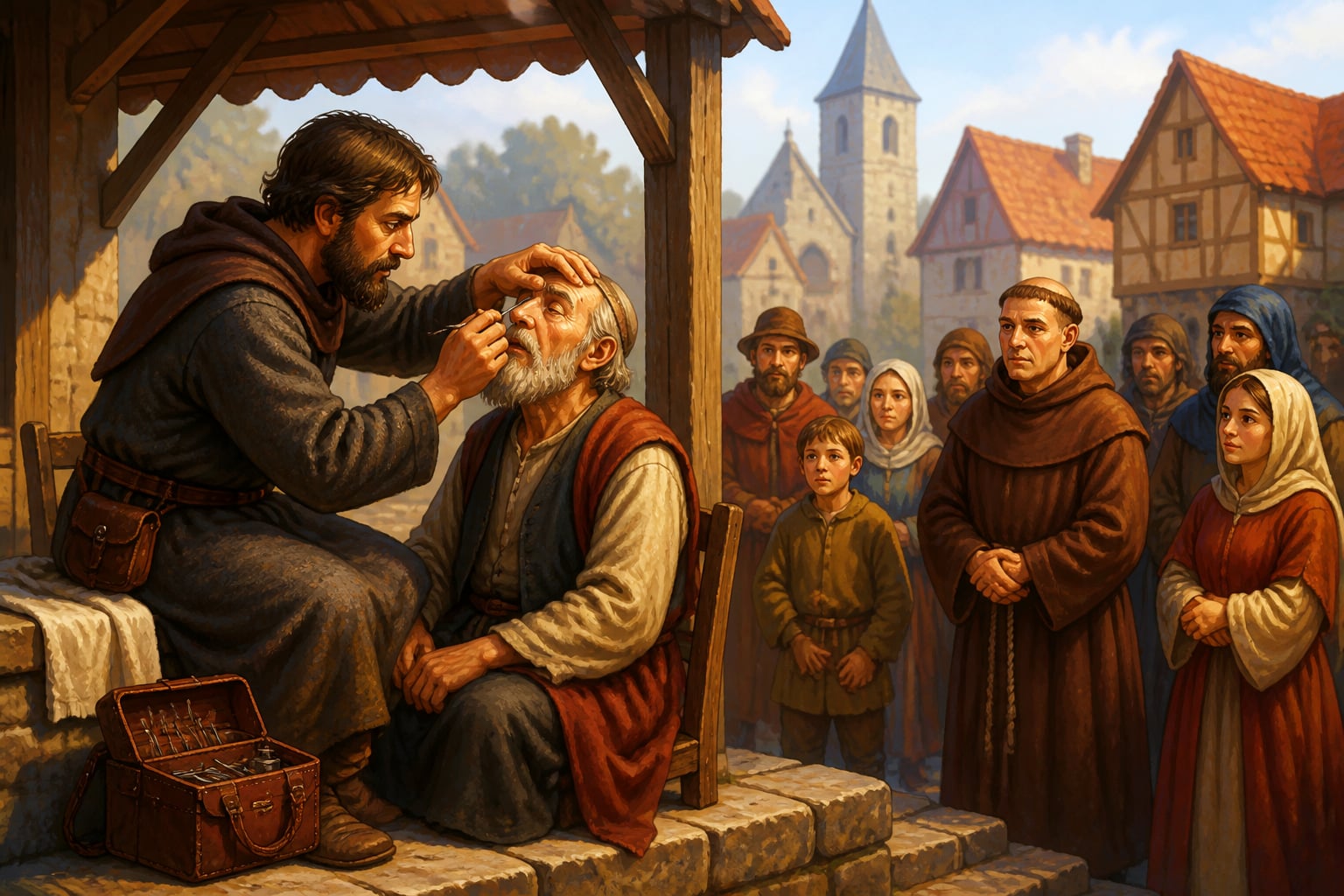A medieval European coucher with an Indian-descended cataract needle