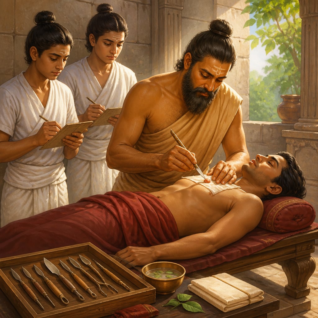 Sushruta performing chedana excision on calm patient