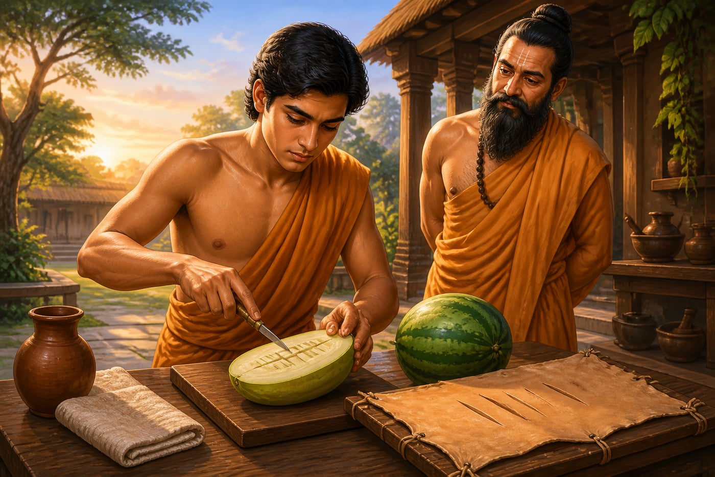 A student practicing incisions on a gourd before Sushruta