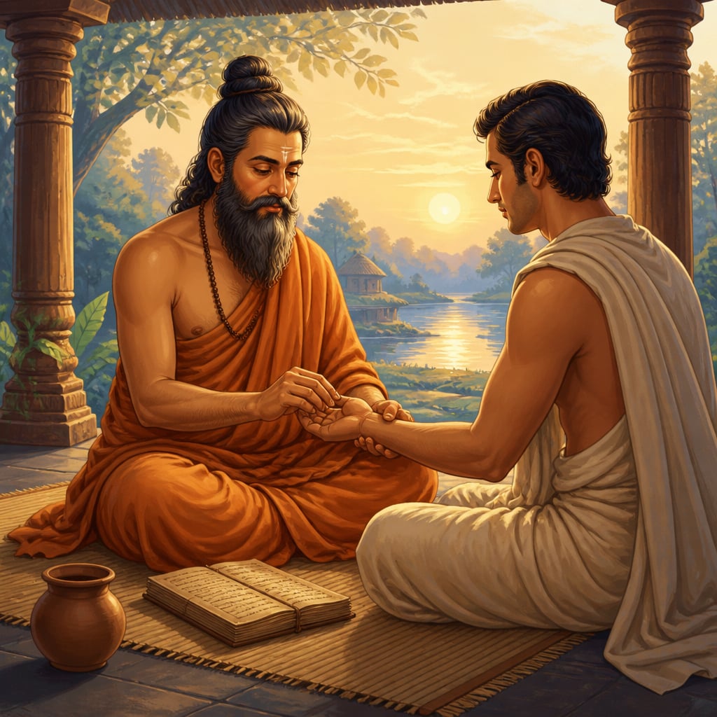 Caraka reading patient pulse at riverside ashram at dawn